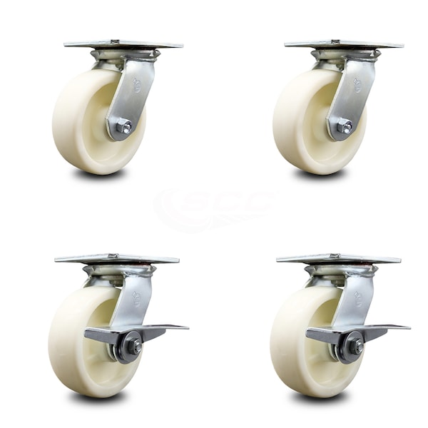 6 Inch Nylon Swivel Caster Set with Roller Bearings 2 Brakes